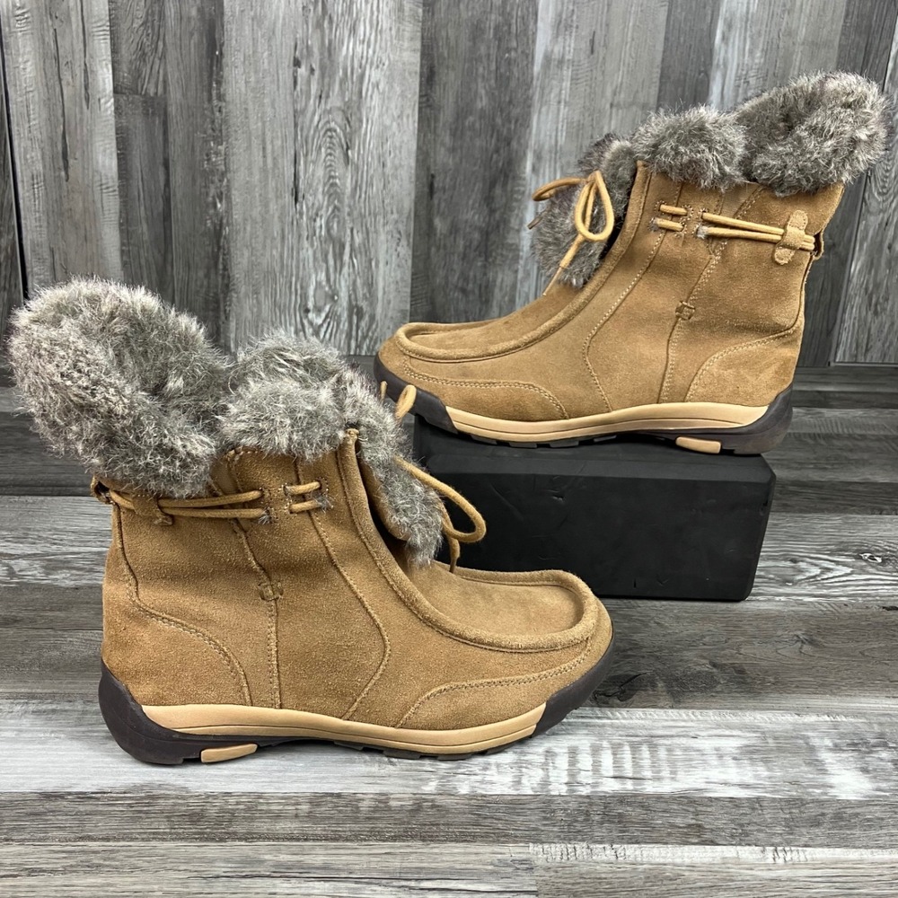 Lands End Womens Tan Suede Faux Fur Winter Boots Moc Toe 420685 Size 9B